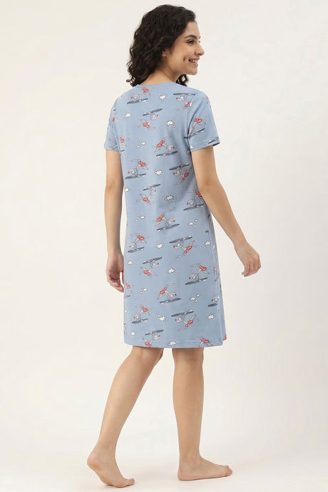 Zivame Farm Lore Knit Cotton Knee Length Nightdress - Ashley Blue — image 3